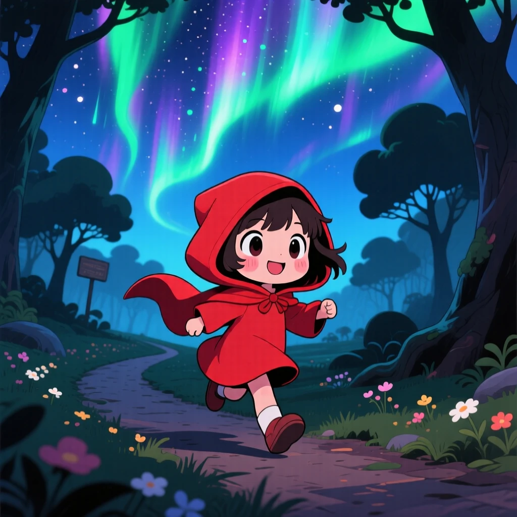 A small girl in a red hooded cloak skipping through a sunlit forest path in a storybook woodland beneath swirling aurora-lit skies; cool blue twilight glow washes over the scene as proud determination fills the moment. Silhouette composition.