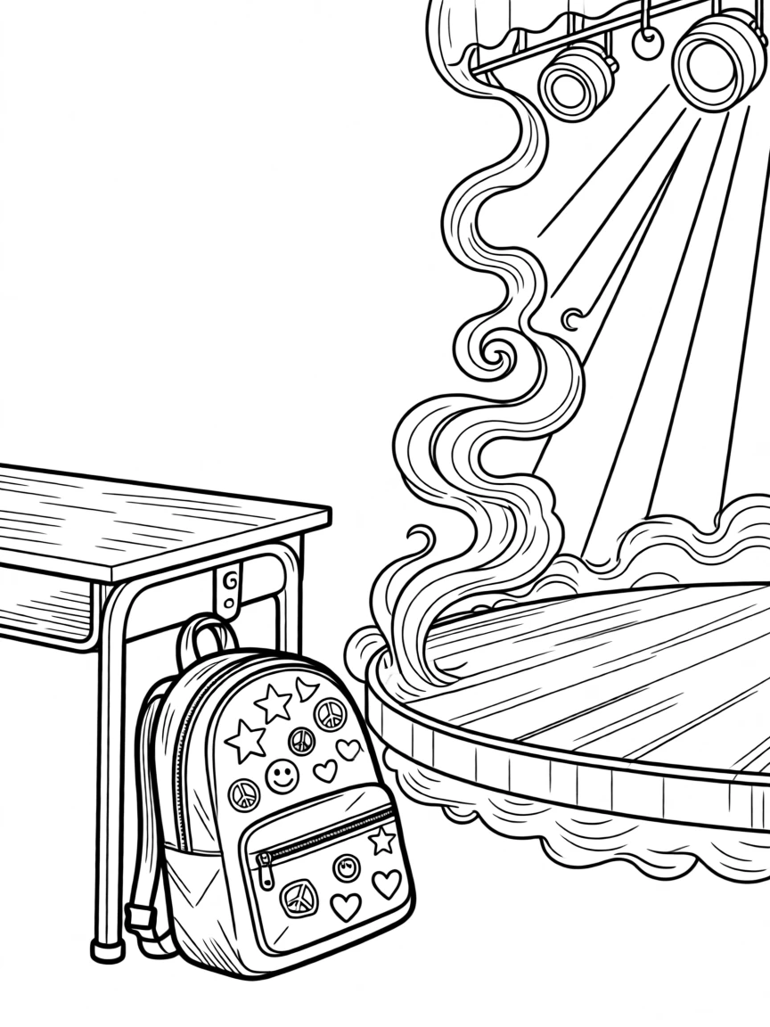 A backpack covered in pins leaning against a classroom desk, with smoke and colored lights swirling around the stage.