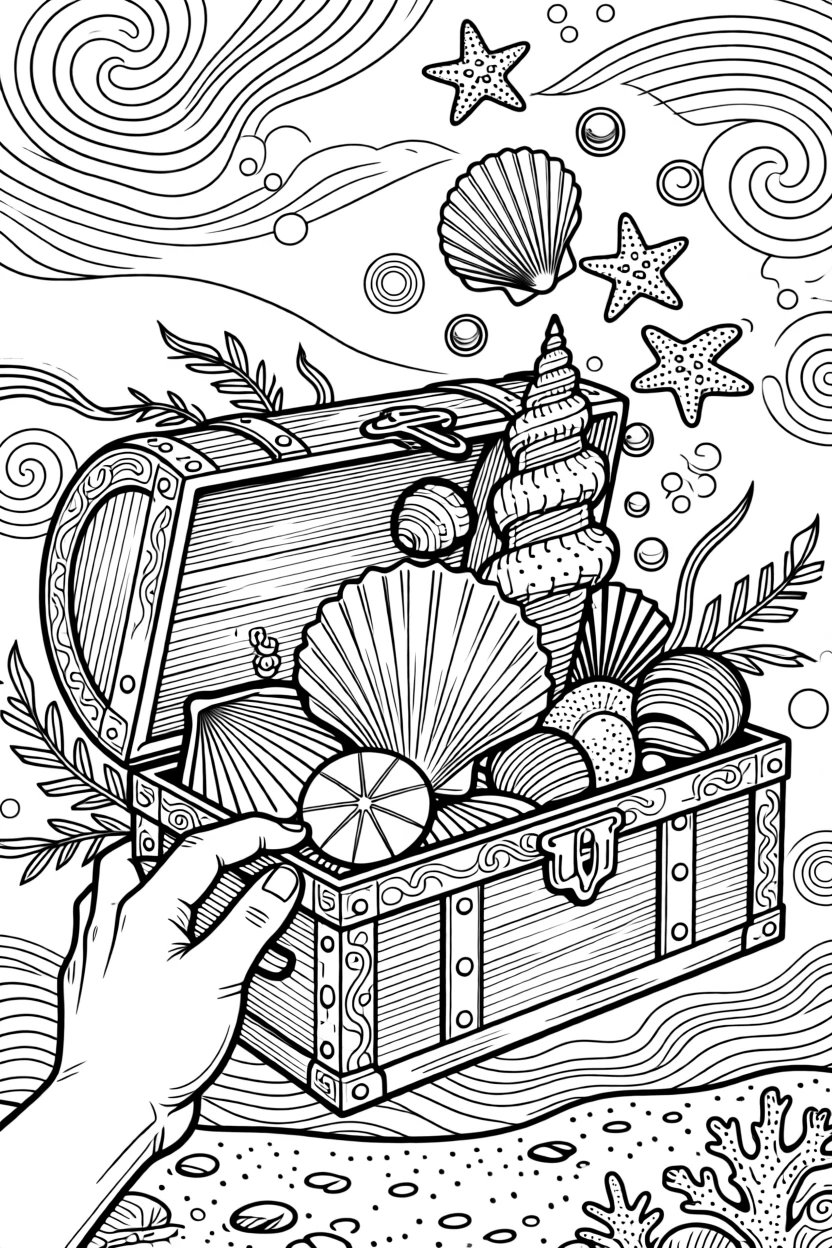 A pair of hands opening a treasure chest overflowing with seashells.