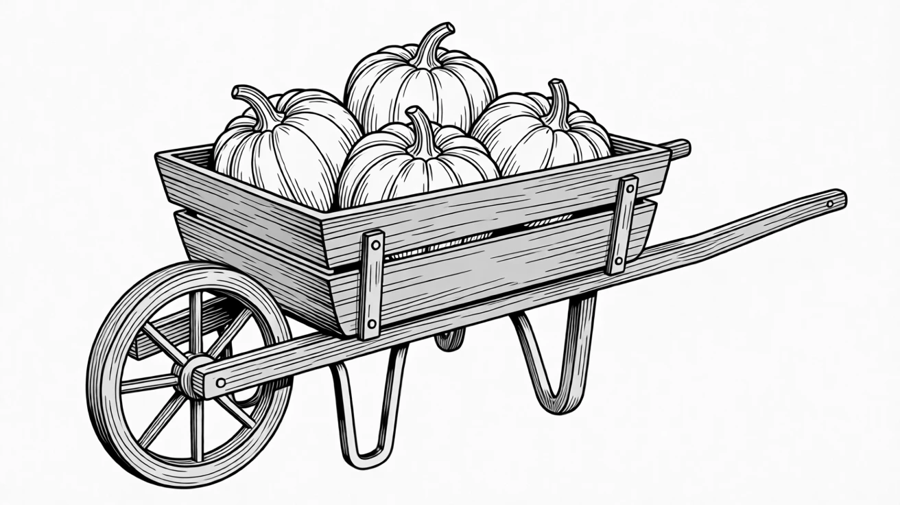 A rustic wheelbarrow filled with freshly picked pumpkins