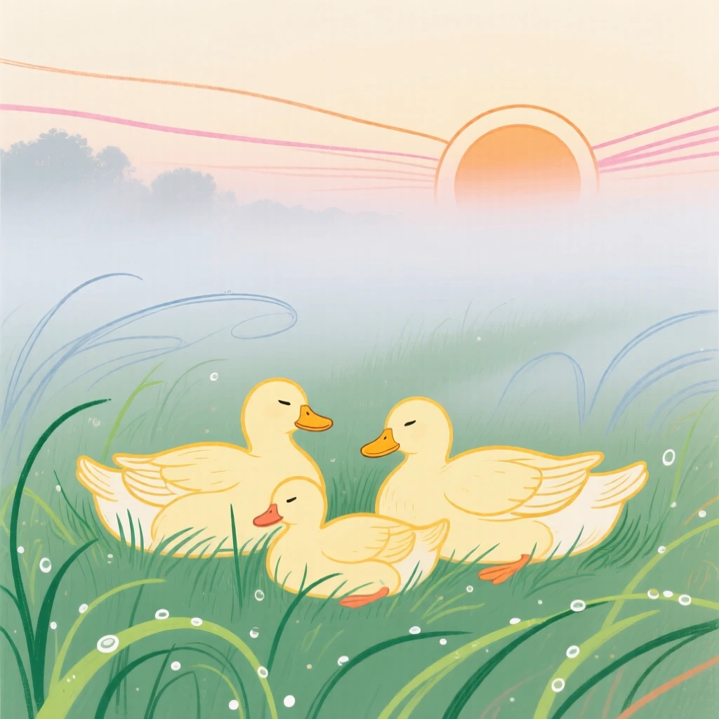 A family of ducks napping in a misty morning field at sunrise.