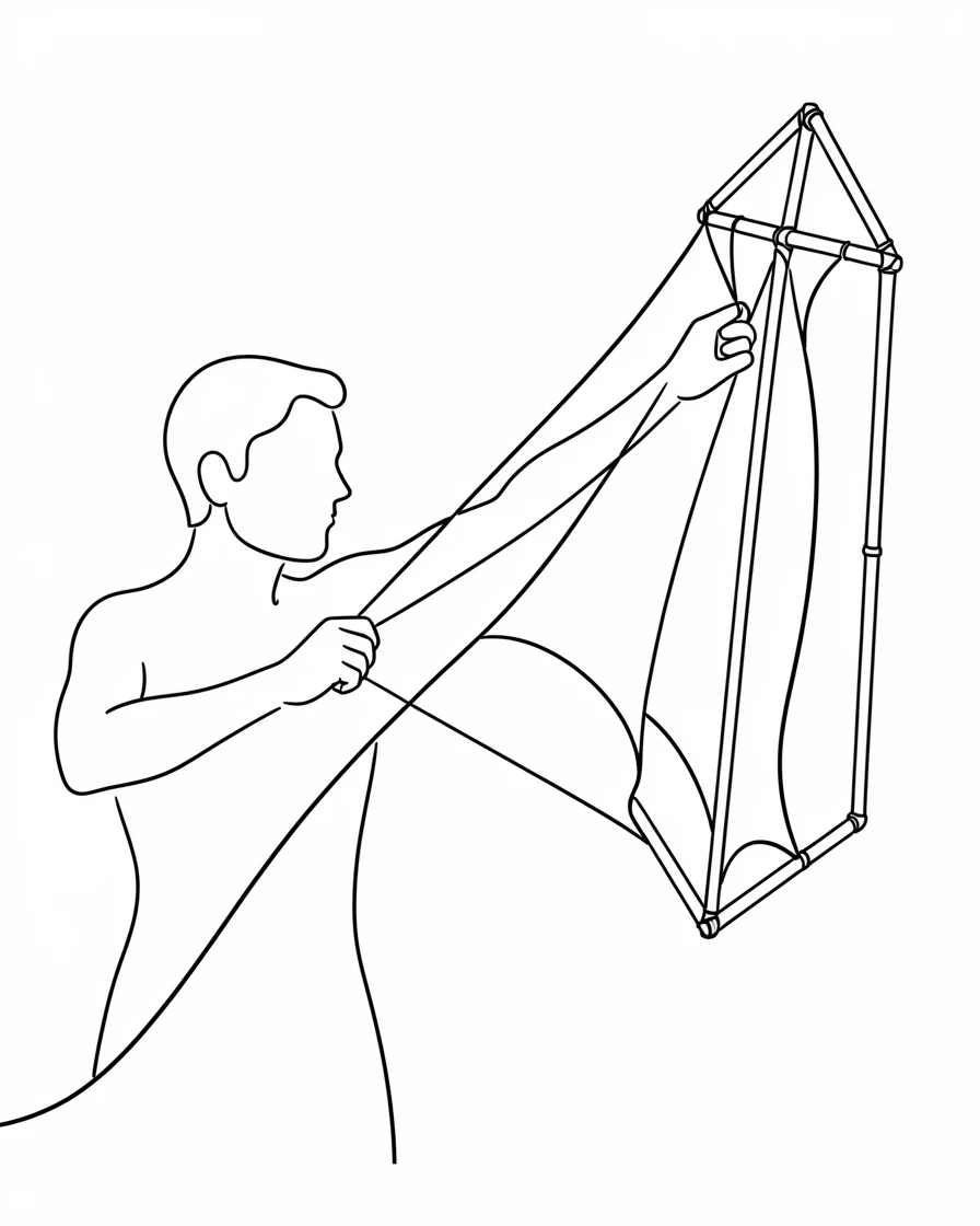 A kite maker stretching colorful fabric over a bamboo frame