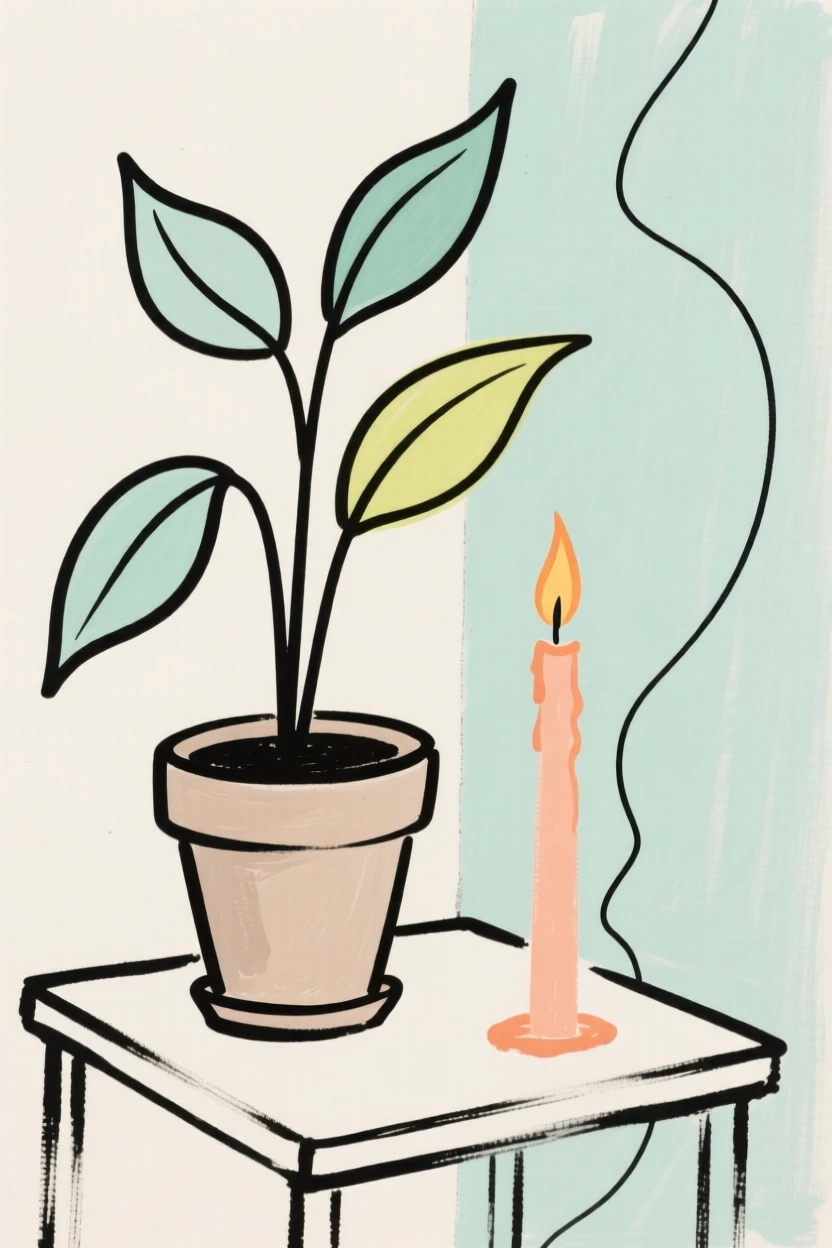 A quiet corner with a plant and a candle