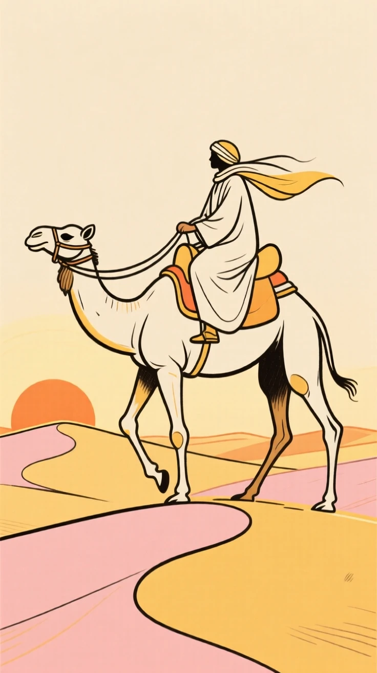 A traveler riding a camel across golden desert dunes at sunset.