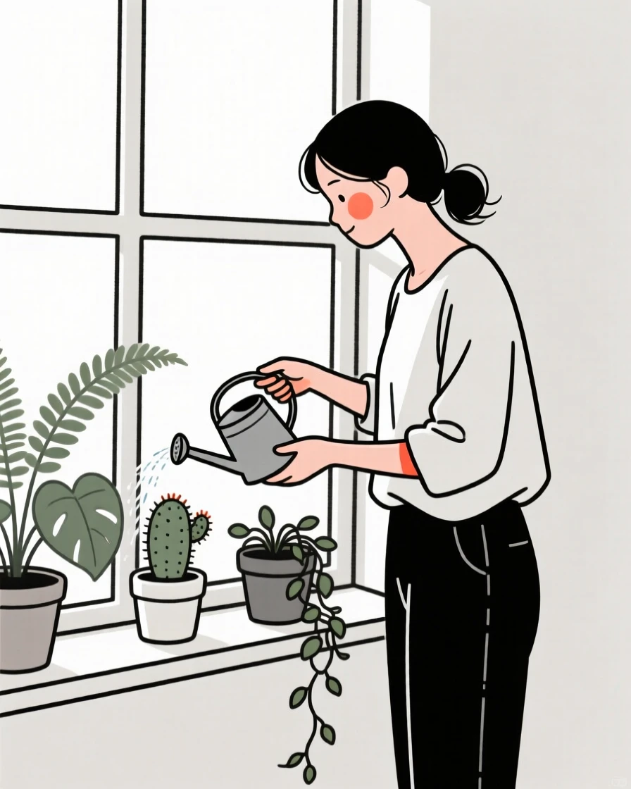 A grown woman watering houseplants by a bright window.