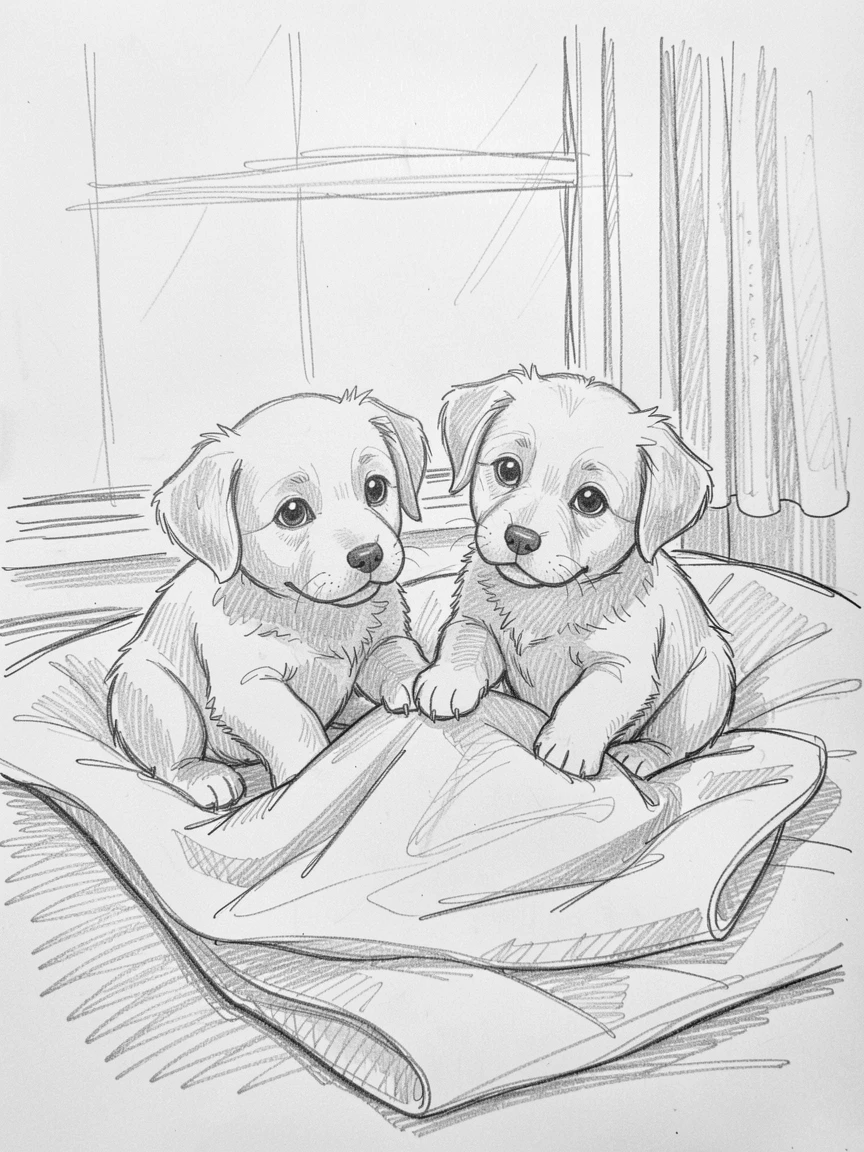 An irresistibly cute scene of two puppies sharing a single blanket on a cozy blanket by a window, with big, curious eyes.