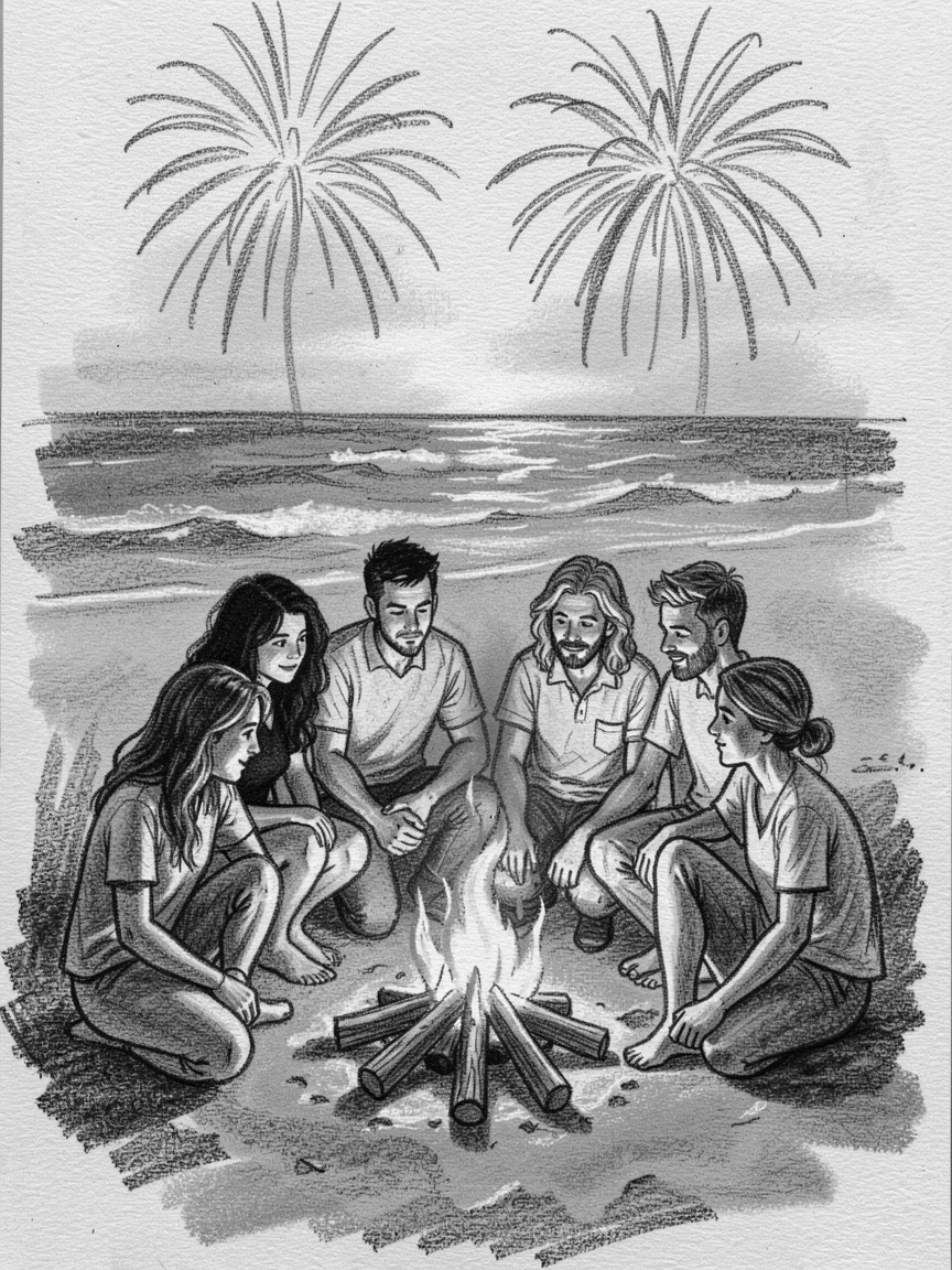 A summer beach bonfire with friends gathered under fireworks, with a gentle mist rolling through the background.