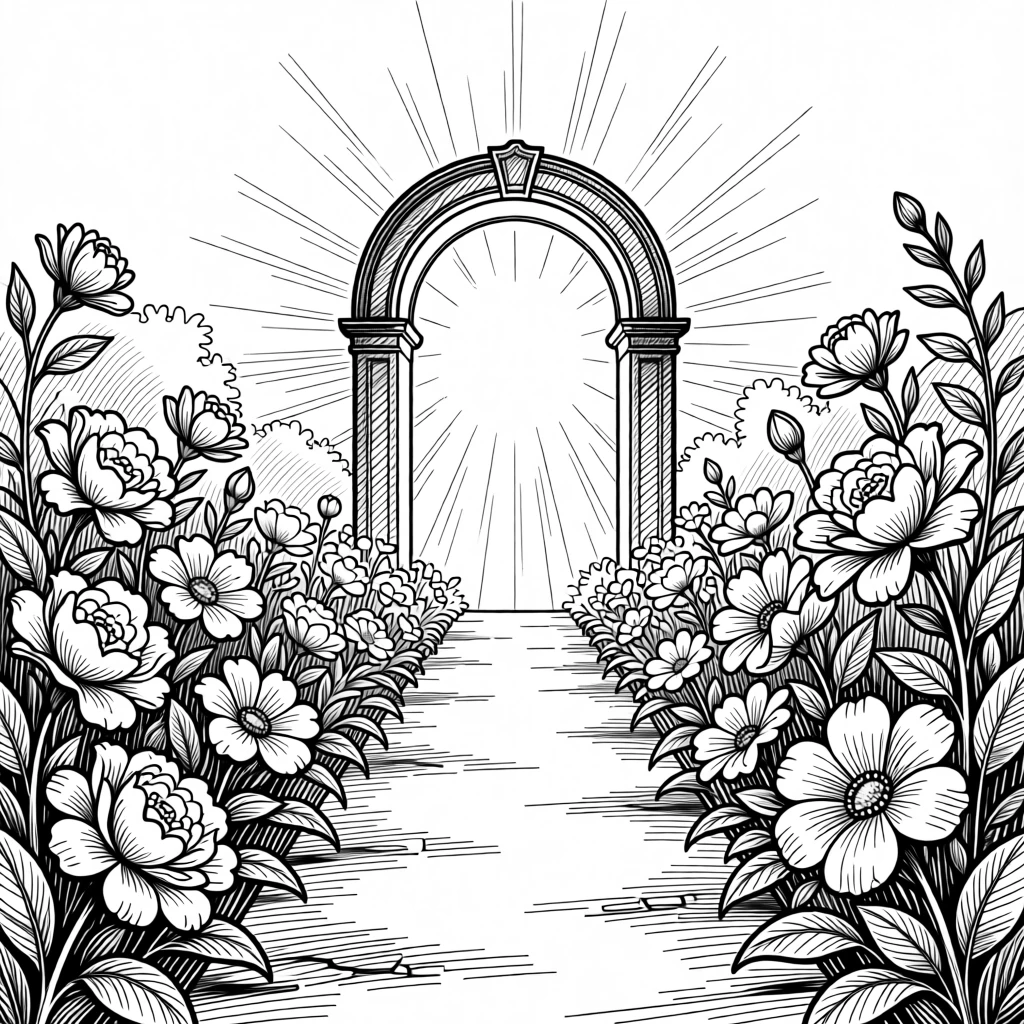 A blooming garden path leading toward a glowing archway of light.