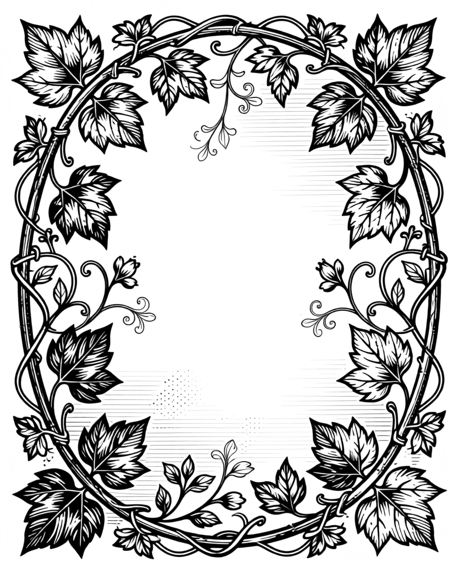 A decorative border of intertwining vines and leaves composed with careful geometric precision, with small flourishes filling the negative space, forming a classically refined decorative composition.