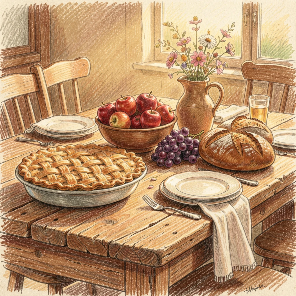 A rustic countryside farmhouse table set for a harvest feast, bathed in the warm glow of golden-hour light, capturing a quiet story that lingers with the viewer.