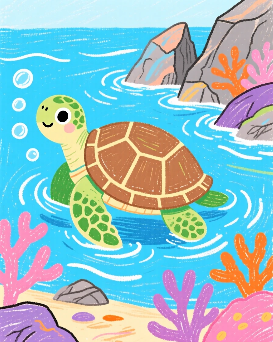 A curious sea turtle swaying with the current near a rocky reef.