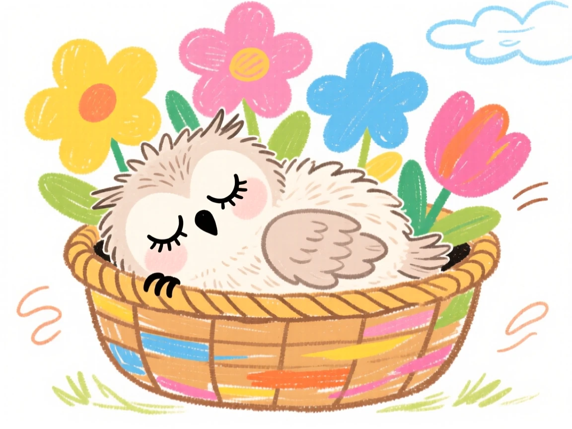 A downy owlet napping in a basket of soft flowers.