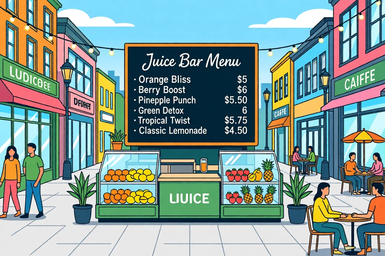 A trendy juice bar with a colorful menu board, surrounded by trendy shops and cafés, arranged with vibrant background detail supporting the subject, with vibrant, trendy colors that feel fresh and current.