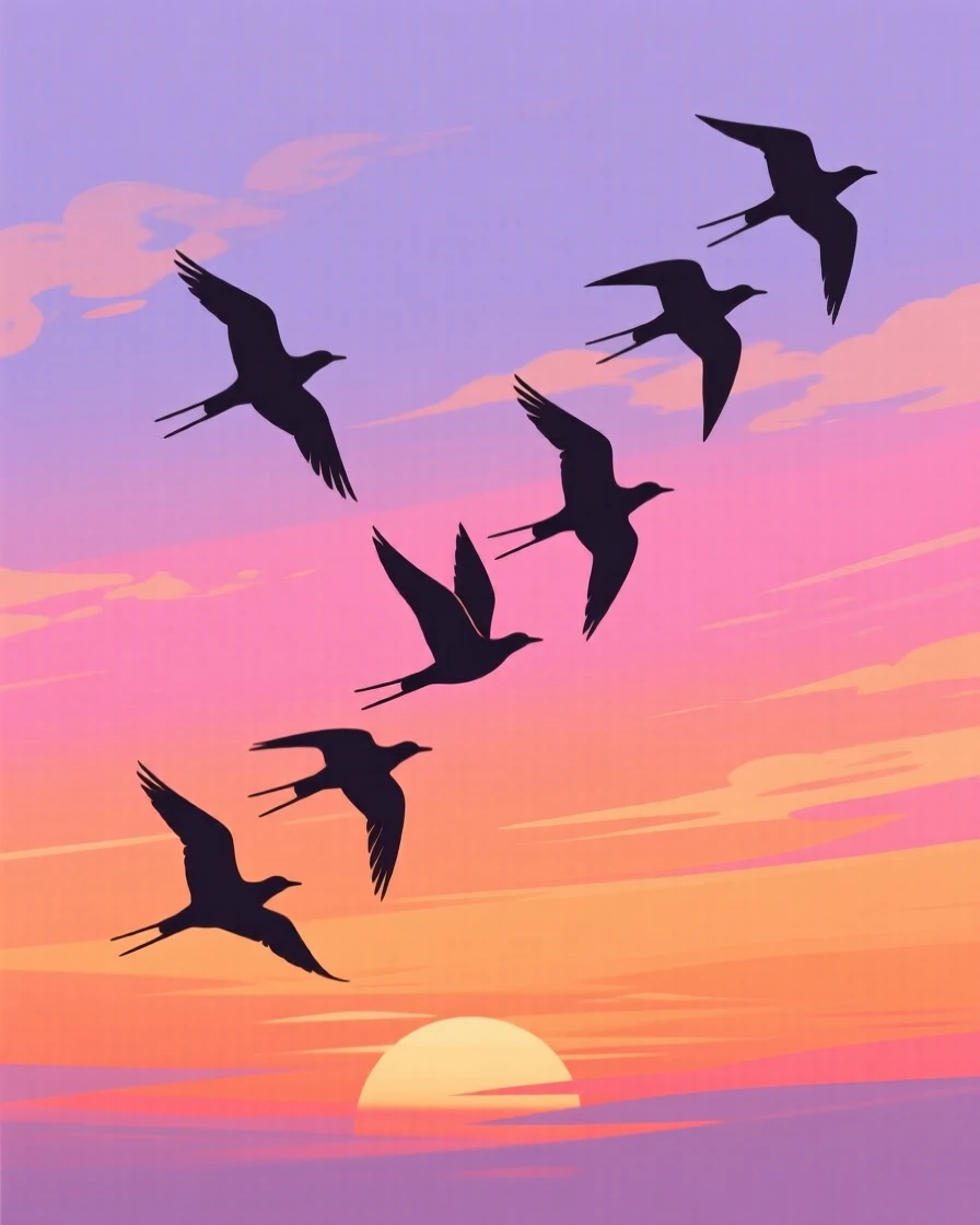 A flock of birds flying in formation across a vibrant sunset sky.