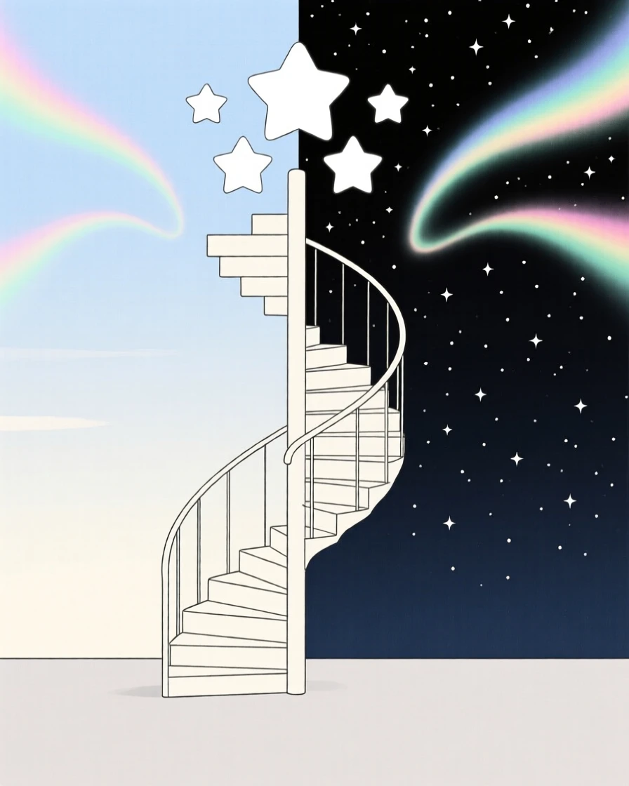 A staircase spiraling into the stars floating above a horizon where day meets night, surrounded by ribbons of aurora light, radiating gentle magic.