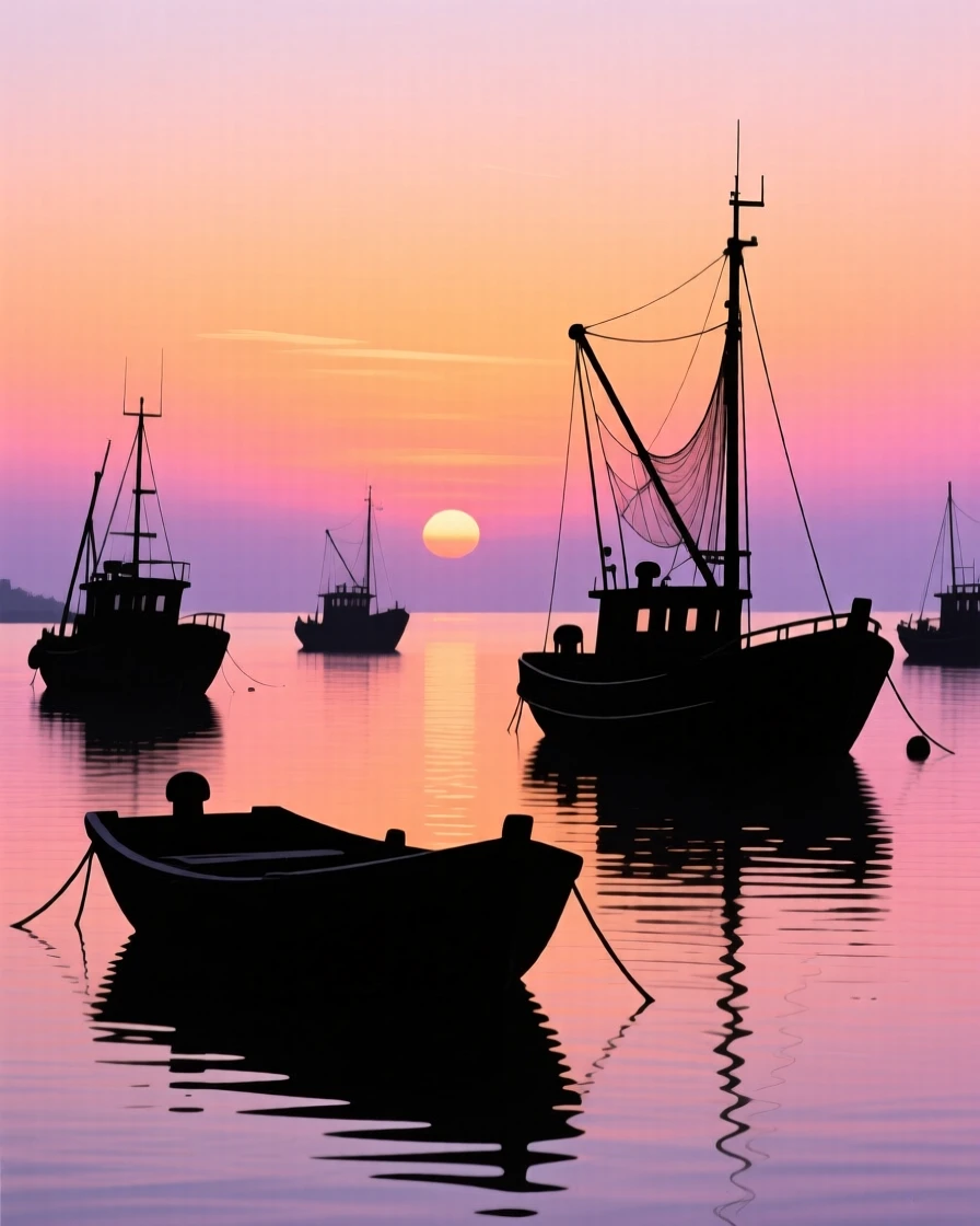 A quiet harbor at dawn with fishing boats gently rocking at anchor.