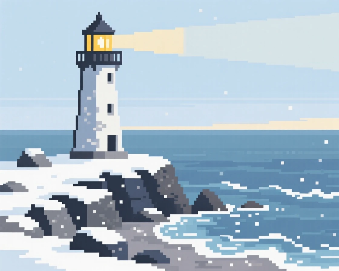 A lighthouse on a rocky point dusted with a light layer of fresh snow, along a coastline where waves gently break.