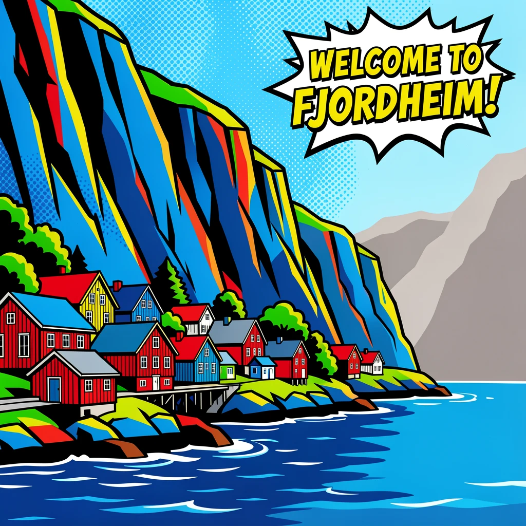 A dramatic fjord village nestled beneath towering Norwegian cliffs