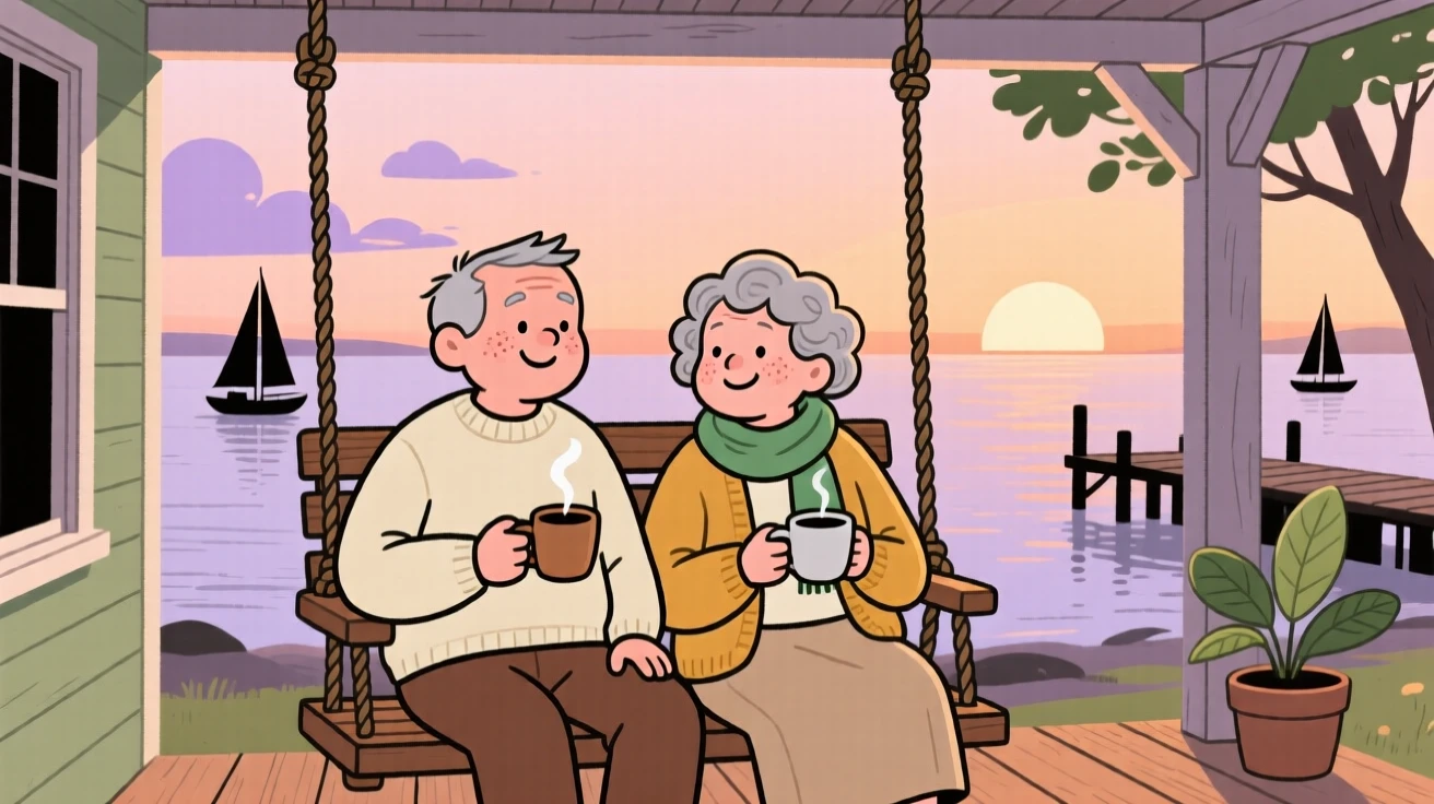 Two old friends sit on a porch swing overlooking the harbor at sunset, sharing cups of coffee and easy laughter as a gentle breeze stirs the trees.