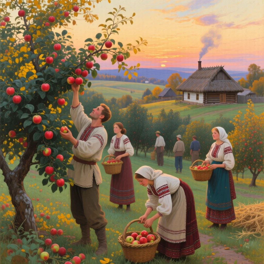 An expansive vista of an orchard where workers pick ripe apples from laden branches, in a Ukrainian village, in the last light of sunset.
