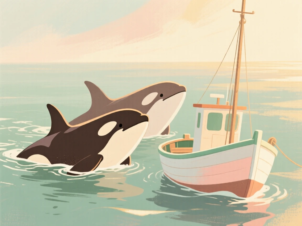 A pair of orcas swimming alongside a small fishing boat