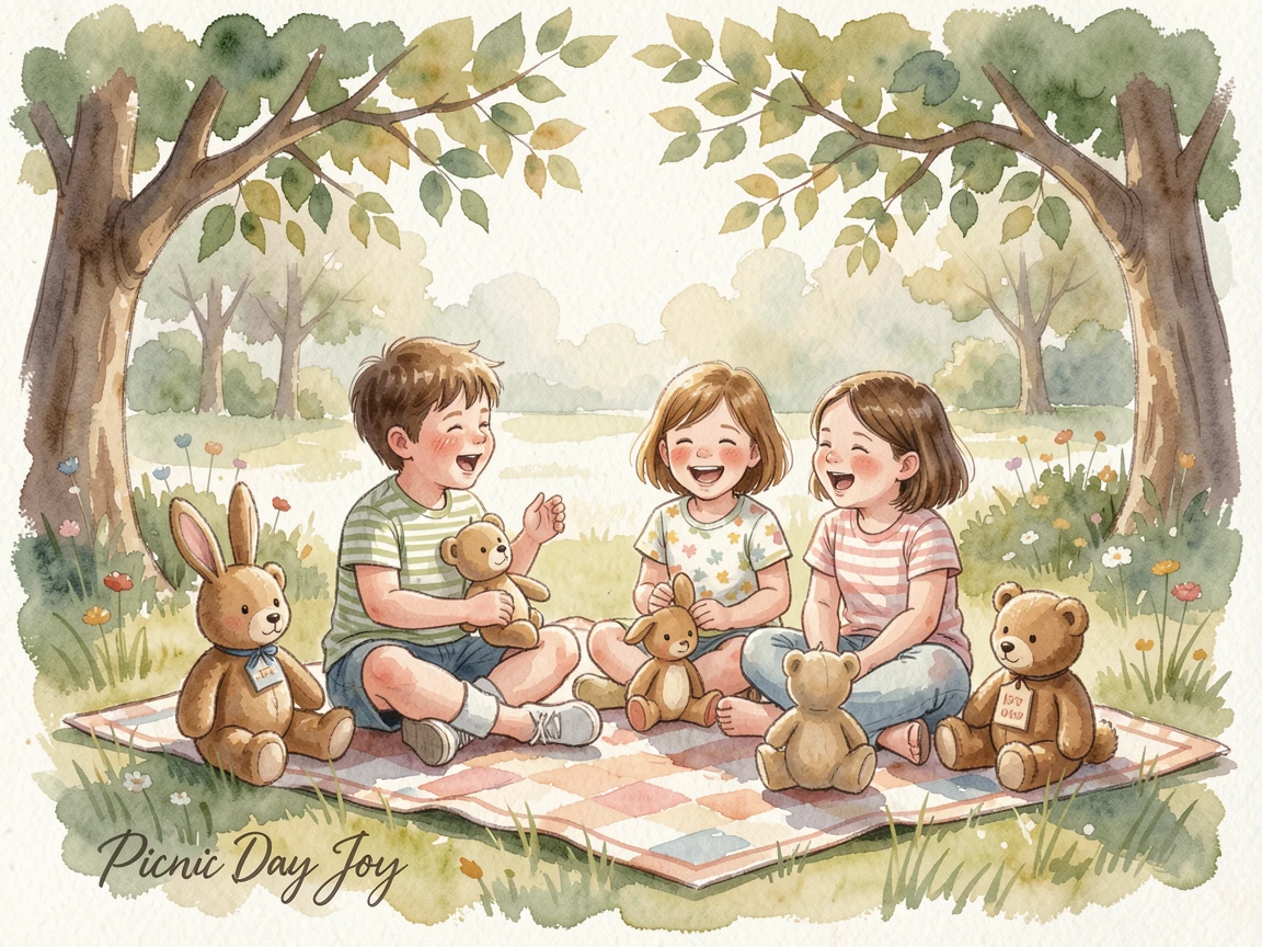 Kids having a picnic with stuffed animals with laughter filling the air.