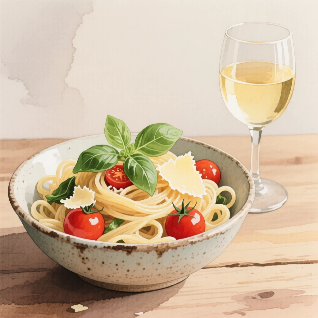 A rustic bowl of fresh pasta tossed with basil, cherry tomatoes, and parmesan sits beside a glass of white wine