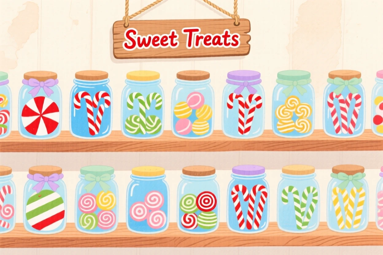 A delightful still life of a candy shop shelf lined with jars of striped sweets.