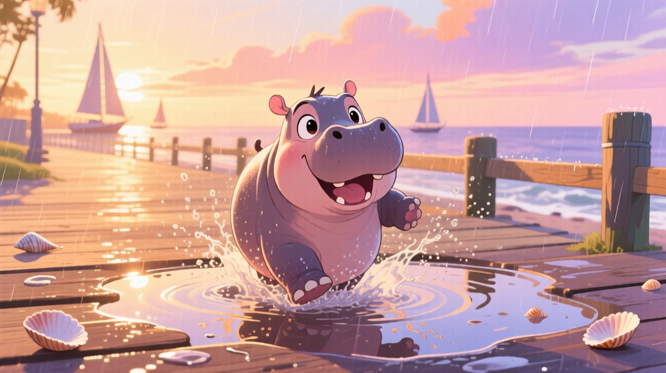A baby hippo splashing happily in a puddle after rain, set in a seaside boardwalk at golden hour, filled with wide-eyed wonder.