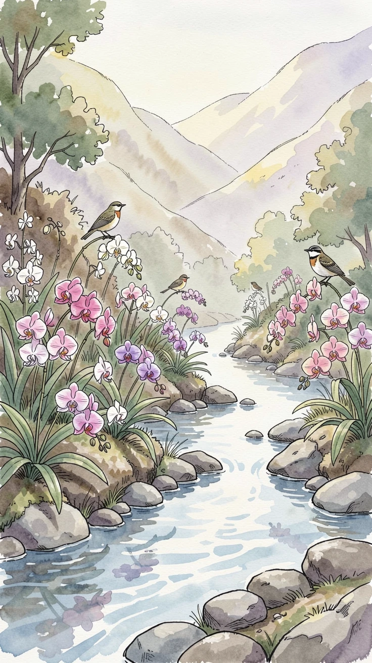 A hidden valley filled with wild orchids beside a trickling stream, birdsong drifting through the stillness of early morning.