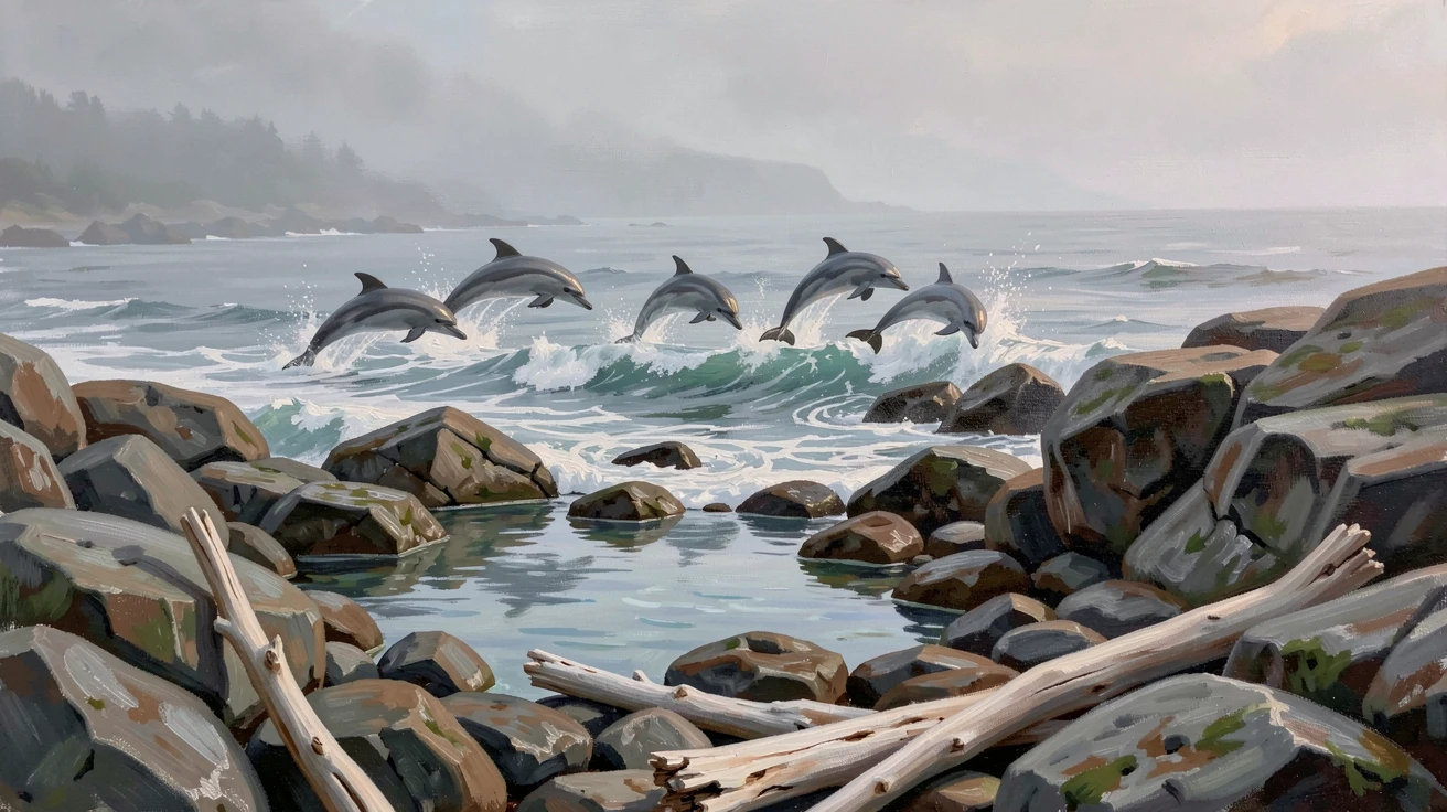 In early morning fog, the coastline barely visible, a rocky cove with tidepools, beside a scattering of smooth driftwood, a pod of dolphins leaping just beyond the breakers.