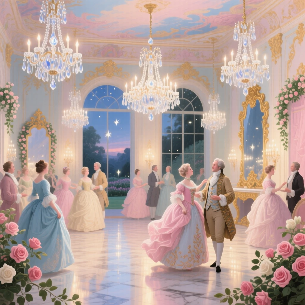 A magical ballroom where chandeliers glow like constellations  