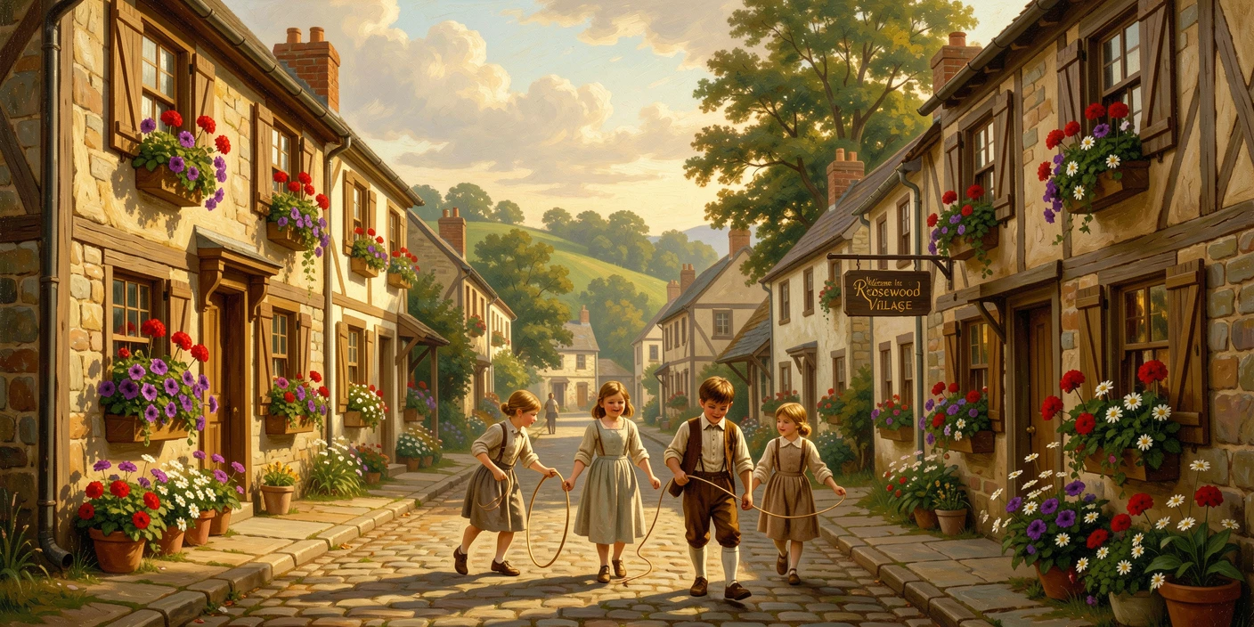 Children play in the street of a village lined with flower boxes.
