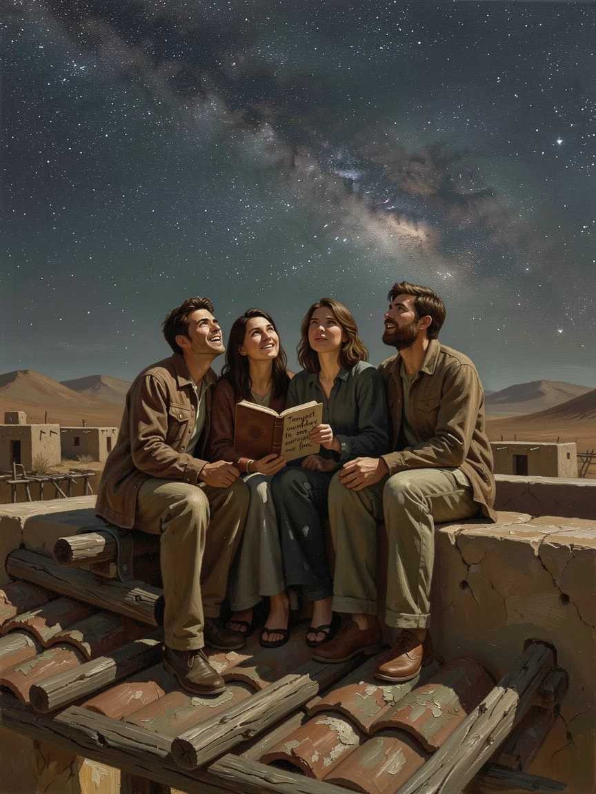 A group of friends stargazing from the roof of a desert camp at night, as dramatic natural light enhances the excitement of the journey, evoking wanderlust and the irresistible call of adventure