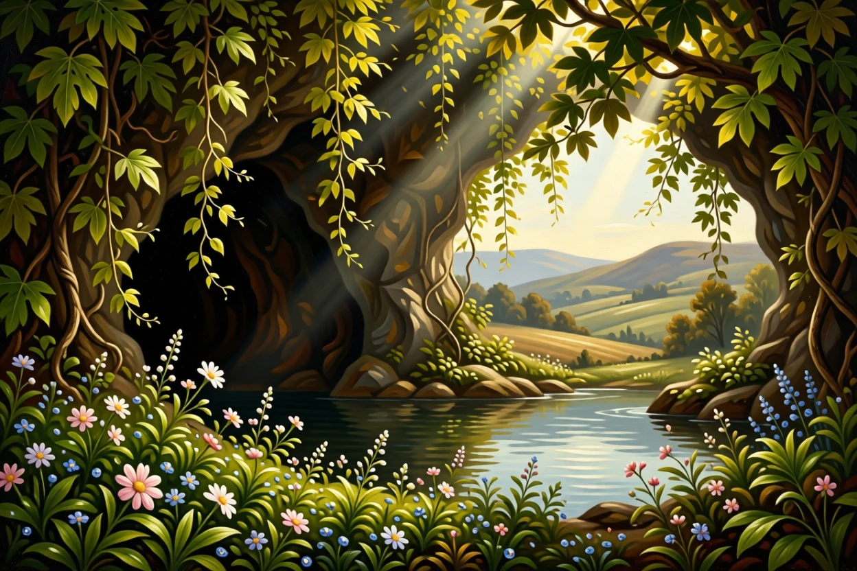 A hidden grotto with sunlight filtering through overhanging vines alive with the quiet motion of wind and water, set at the edge where cultivated land meets wild nature, with wildflowers scattered like scattered jewels across the green; foreground detail frames a sweeping, luminous background, filled with calm, restorative beauty.