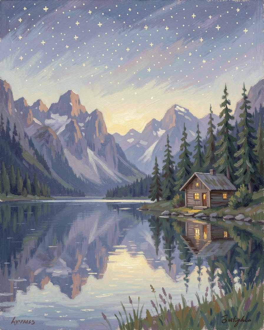 A serene mountain lake mirroring jagged peaks, a small wooden cabin nestled among pine trees on the shore, under a canopy of stars, evoking timeless charm and quiet elegance.