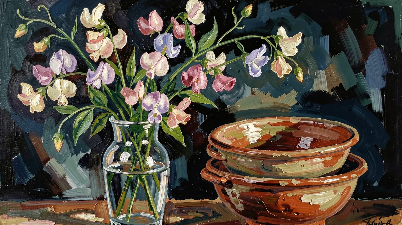 A vase of sweet peas beside a stack of hand-thrown pottery bowls.