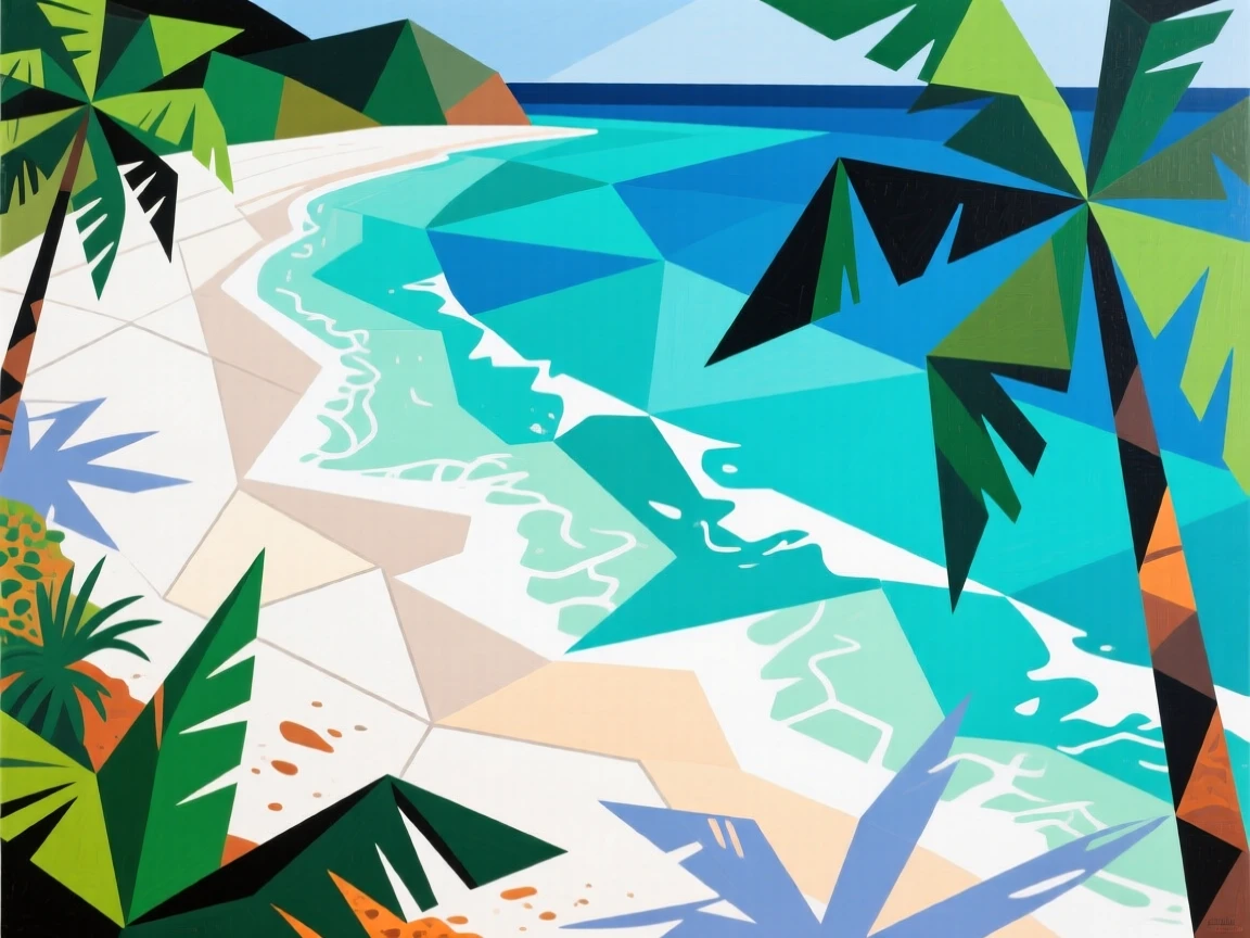 A secluded tropical beach with turquoise water lapping against white sand.