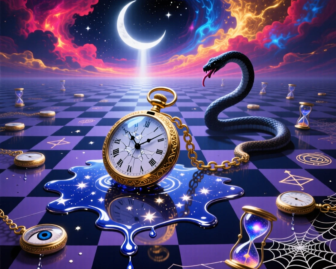 A pocket watch dissolving into a puddle of liquid starlight repeats itself endlessly in every direction, as shadows move independently of the objects casting them.
