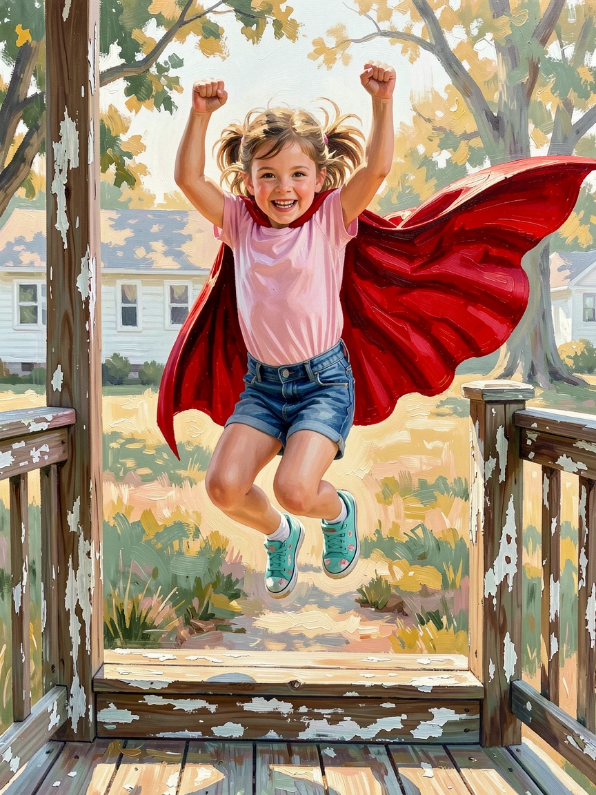 A little girl proudly wears a superhero cape while jumping off a porch step, cheering triumphantly mid-air, the composition drawing attention to small, telling gestures that reveal character and mood.