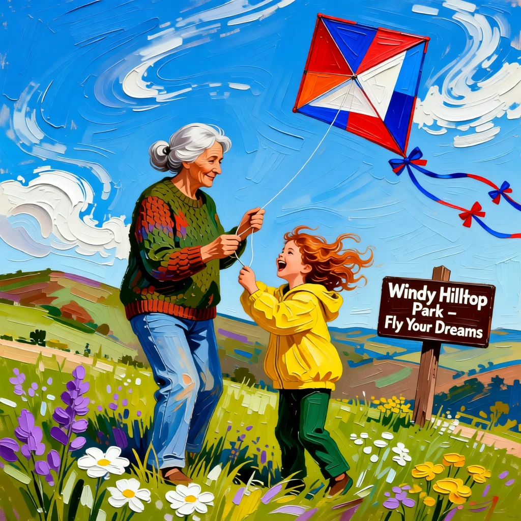 A grandmother and grandchild flying a kite together on a windy hilltop