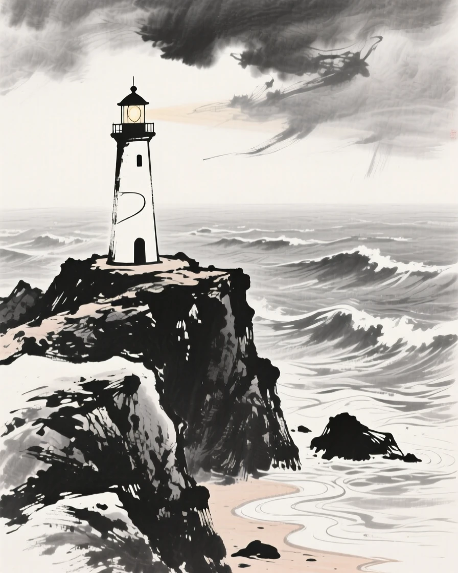 A lighthouse stands atop a rocky headland overlooking a stormy sea, as the tide pulls gently back from the rocks.