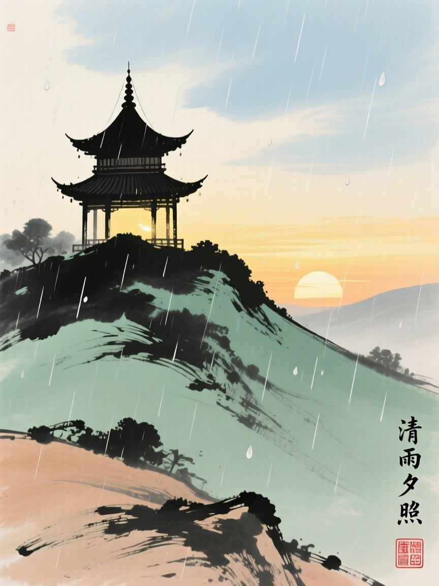 A hillside pagoda catching the last light of the setting sun, filled with tranquil stillness, as summer rain begins to fall.