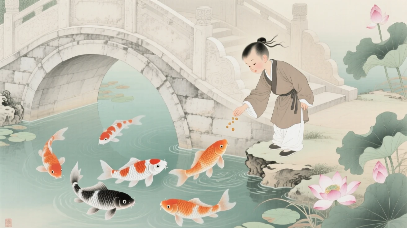 A young boy feeding koi fish from a stone bridge