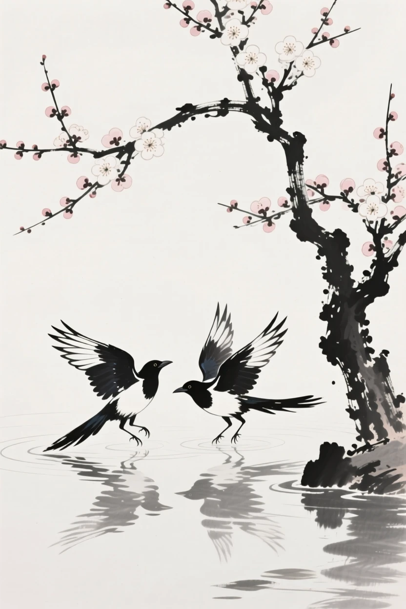 A pair of magpies skimming the surface of a quiet pond beside a blooming plum tree, captured mid-motion with wings outstretched, evoking grace, freedom, and quiet elegance.
