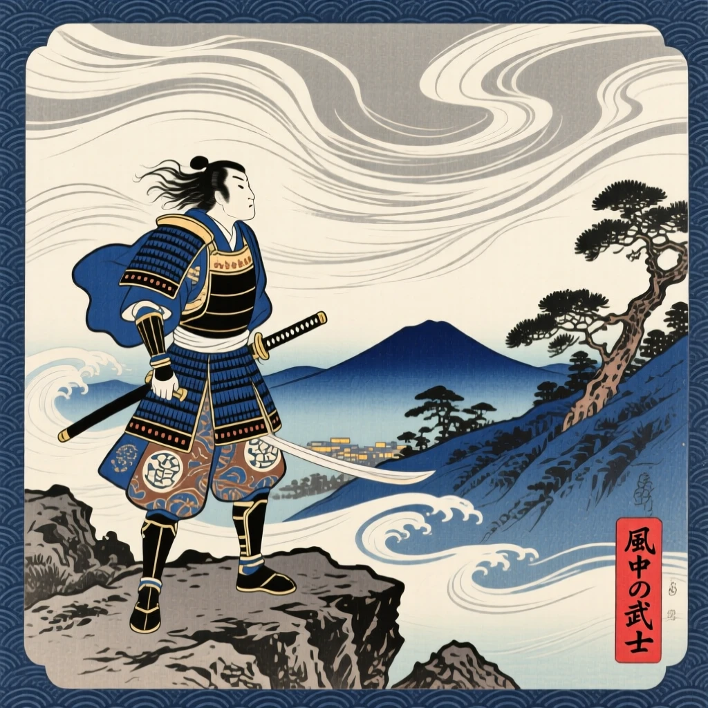 A warrior standing resolute against a fierce wind, far from any city light.