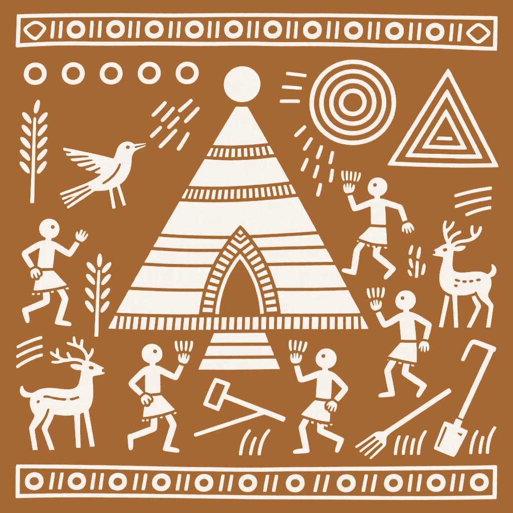 A composition centered on a mountain shrine surrounded by symbols of prosperity and good fortune.