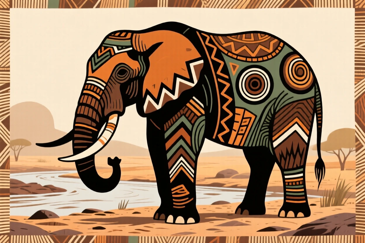 An African elephant bull gathered near a dry riverbed.