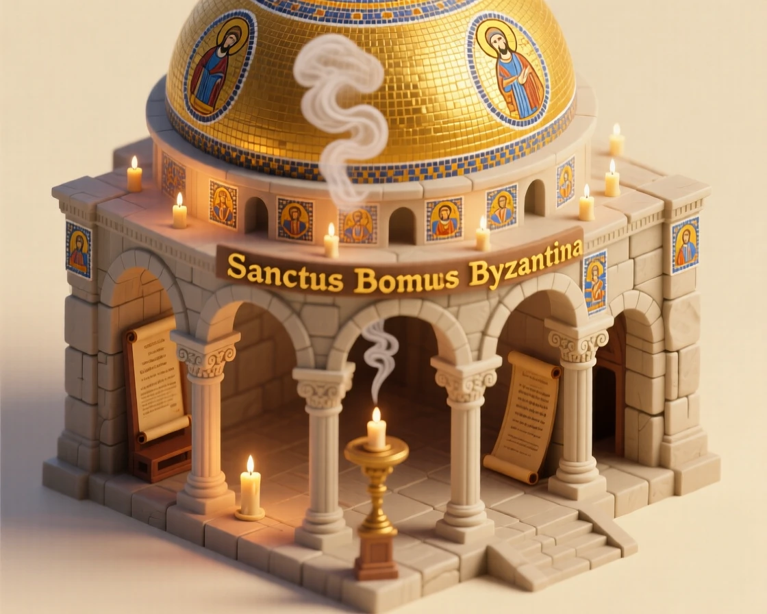 A medieval Byzantine cathedral interior with golden mosaics glinting under candlelight, incense curling toward a domed ceiling.