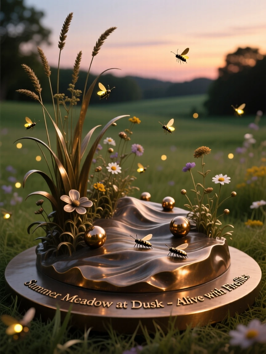 A summer meadow alive with fireflies at dusk, capturing the mood and atmosphere of the season in rich, immersive detail